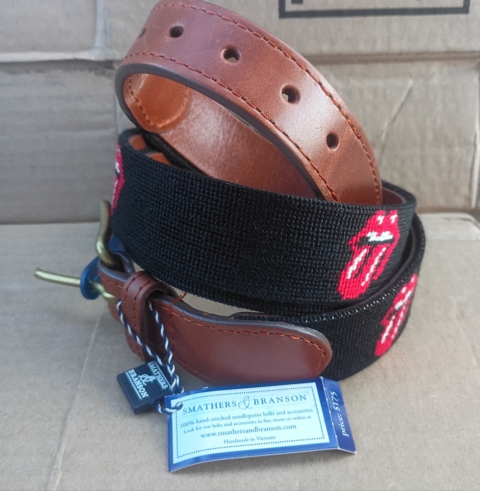 Smathers & Branson Black Needlepoint Belt with Red Tongue Motif